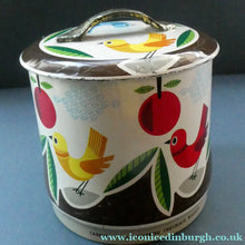 Load image into Gallery viewer, 1960s Vintage Cadbury's Biscuit Tin with Fitted Lid. Cartoon Birds and Apple Pattern
