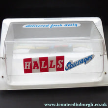 Load image into Gallery viewer, 1960s VINTAGE FOOD RETAIL Shop Display for Halls (of Broxburn).  Covered Plastic Sausages Shop Display Item. Plus Vintage Sausages Price Tag
