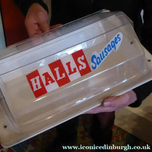 Load image into Gallery viewer, 1960s VINTAGE FOOD RETAIL Shop Display for Halls (of Broxburn).  Covered Plastic Sausages Shop Display Item. Plus Vintage Sausages Price Tag
