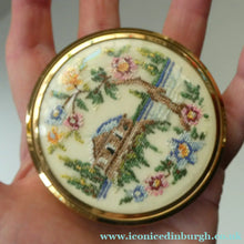 Load image into Gallery viewer, Vintage 1960s POWDER COMPACT with Chinese Landscape Petit Point on Lid
