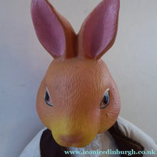Load image into Gallery viewer, Strange VINTAGE RABBIT. Mr Rabbit has ceramic head and paws, soft body and has a vintage clothes on 16 1/2 inches
