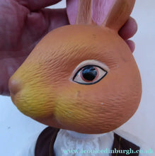 Load image into Gallery viewer, Strange VINTAGE RABBIT. Mr Rabbit has ceramic head and paws, soft body and has a vintage clothes on 16 1/2 inches
