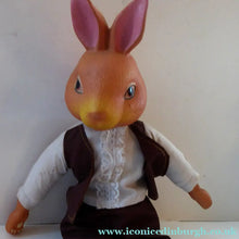 Load image into Gallery viewer, Strange VINTAGE RABBIT. Mr Rabbit has ceramic head and paws, soft body and has a vintage clothes on 16 1/2 inches
