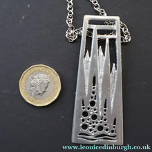 Load image into Gallery viewer, 1970s Brutalist Design. Scottish Ceard Pewter Pendant &amp; Long Chain. Entitled Arran. Boxed - Pewter Jewellery
