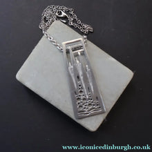 Load image into Gallery viewer, 1970s Brutalist Design. Scottish Ceard Pewter Pendant &amp; Long Chain. Entitled Arran. Boxed - Pewter Jewellery
