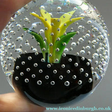 Load image into Gallery viewer, 1970s Caithness Glass Paperweight Entitled Flower in the Rain YELLOW Flower
