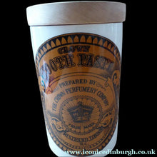 Load image into Gallery viewer, Rare CHEMIST PRINTS Vintage 1970s ’Crown Tooth Paste’ Storage Jar with Wooden Lid. Large size. 8 1/4 inches in height
