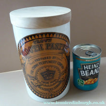 Load image into Gallery viewer, Rare CHEMIST PRINTS Vintage 1970s ’Crown Tooth Paste’ Storage Jar with Wooden Lid. Large size. 8 1/4 inches in height
