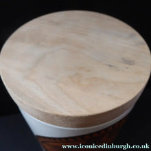 Load image into Gallery viewer, Rare CHEMIST PRINTS Vintage 1970s ’Crown Tooth Paste’ Storage Jar with Wooden Lid. Large size. 8 1/4 inches in height
