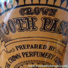 Load image into Gallery viewer, Rare CHEMIST PRINTS Vintage 1970s ’Crown Tooth Paste’ Storage Jar with Wooden Lid. Large size. 8 1/4 inches in height

