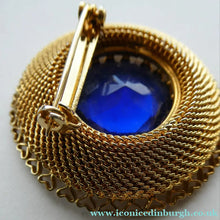 Load image into Gallery viewer, Vintage Costume Brooch with Heart Shapes on Rim and Blue Faceted Glass Insert
