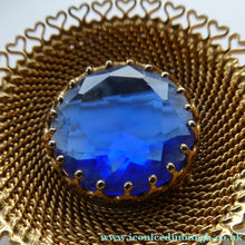 Load image into Gallery viewer, Vintage Costume Brooch with Heart Shapes on Rim and Blue Faceted Glass Insert
