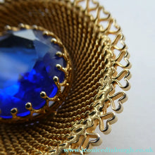 Load image into Gallery viewer, Vintage Costume Brooch with Heart Shapes on Rim and Blue Faceted Glass Insert
