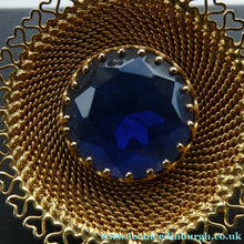 Load image into Gallery viewer, Vintage Costume Brooch with Heart Shapes on Rim and Blue Faceted Glass Insert
