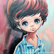Load image into Gallery viewer, Vintage 1970's Kitsch "Big Eyes" Print By D Golding. Boy Dressed in Blue and White Pyjamas
