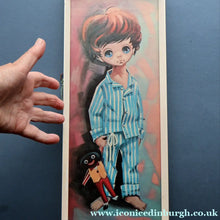 Load image into Gallery viewer, Vintage 1970's Kitsch "Big Eyes" Print By D Golding. Boy Dressed in Blue and White Pyjamas
