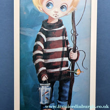 Load image into Gallery viewer, Vintage 1970's Kitsch Big Eyes Print By D Golding. Boy with Fishing Rod
