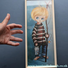Load image into Gallery viewer, Vintage 1970's Kitsch Big Eyes Print By D Golding. Boy with Fishing Rod
