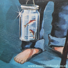 Load image into Gallery viewer, Vintage 1970's Kitsch Big Eyes Print By D Golding. Boy with Fishing Rod
