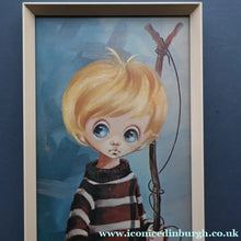 Load image into Gallery viewer, Vintage 1970's Kitsch Big Eyes Print By D Golding. Boy with Fishing Rod
