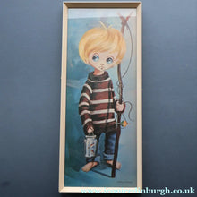 Load image into Gallery viewer, Vintage 1970's Kitsch Big Eyes Print By D Golding. Boy with Fishing Rod
