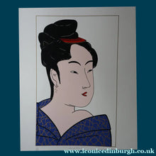 Load image into Gallery viewer, LARGE 1970s Original Screenprint of a Japanese Lady: Lass of Innocence; Signed by the artist. Quirky POP ART Style
