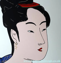 Load image into Gallery viewer, Vintage 1970s LARGE Original Screenprint of a Japanese Lady: Lass of Innocence; Signed by the artist. Quirky POP ART Style
