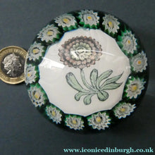 Load image into Gallery viewer, Vintage Italian Mazzega MURANO Paperweight with Applied Chrysanthemumm Design &amp; Millefiori Border
