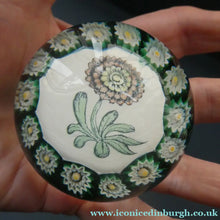 Load image into Gallery viewer, Vintage Italian Mazzega MURANO Paperweight with Applied Chrysanthemumm Design &amp; Millefiori Border
