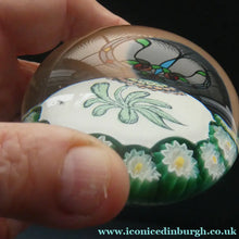 Load image into Gallery viewer, Vintage Italian Mazzega MURANO Paperweight with Applied Chrysanthemumm Design &amp; Millefiori Border
