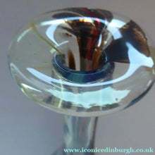 Load image into Gallery viewer, A tall, attenuated Mdina glass bottle vase with a tortoiseshell pattern and silvery trail decorations.
