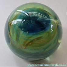 Load image into Gallery viewer, 1970s Mdina Glass Paperweight. Vintage Sea and Sand / Blue Summer Colours
