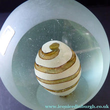 Load image into Gallery viewer, 1970s Mdina Glass Paperweight. UNUSUAL Vintage Weight with Frosted Exterior and Three Polished Facets. Striped Egg Inside
