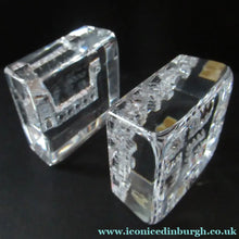 Load image into Gallery viewer, PAIR of Vintage 1970s NORWEGIAN Hadeland Clear Crystal Glass Paperweights: Abstract Viking Ship &amp; Runic Patterns
