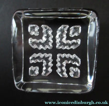 Load image into Gallery viewer, PAIR of Vintage 1970s NORWEGIAN Hadeland Clear Crystal Glass Paperweights: Abstract Viking Ship &amp; Runic Patterns

