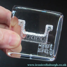 Load image into Gallery viewer, PAIR of Vintage 1970s NORWEGIAN Hadeland Clear Crystal Glass Paperweights: Abstract Viking Ship &amp; Runic Patterns
