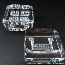 Load image into Gallery viewer, PAIR of Vintage 1970s NORWEGIAN Hadeland Clear Crystal Glass Paperweights: Abstract Viking Ship &amp; Runic Patterns
