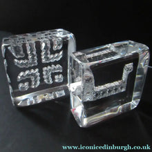 Load image into Gallery viewer, PAIR of Vintage 1970s NORWEGIAN Hadeland Clear Crystal Glass Paperweights: Abstract Viking Ship &amp; Runic Patterns
