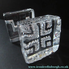 Load image into Gallery viewer, PAIR of Vintage 1970s NORWEGIAN Hadeland Clear Crystal Glass Paperweights: Abstract Viking Ship &amp; Runic Patterns
