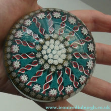 Load image into Gallery viewer, LARGE Vintage Scottish PERTHSHIRE Paperweight. Aqua Green Ground, 15 Spokes &amp; Millefiori Canes. P Cane in Center
