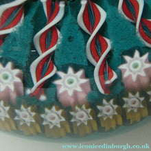 Load image into Gallery viewer, LARGE Vintage Scottish PERTHSHIRE Paperweight. Aqua Green Ground, 15 Spokes &amp; Millefiori Canes. P Cane in Center
