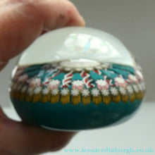 Load image into Gallery viewer, LARGE Vintage Scottish PERTHSHIRE Paperweight. Aqua Green Ground, 15 Spokes &amp; Millefiori Canes. P Cane in Center
