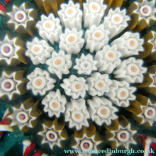 Load image into Gallery viewer, LARGE Vintage Scottish PERTHSHIRE Paperweight. Aqua Green Ground, 15 Spokes &amp; Millefiori Canes. P Cane in Center
