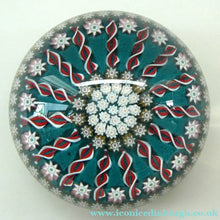 Load image into Gallery viewer, LARGE Vintage Scottish PERTHSHIRE Paperweight. Aqua Green Ground, 15 Spokes &amp; Millefiori Canes. P Cane in Center
