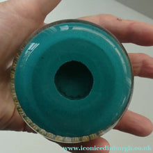 Load image into Gallery viewer, LARGE Vintage Scottish PERTHSHIRE Paperweight. Aqua Green Ground, 15 Spokes &amp; Millefiori Canes. P Cane in Center
