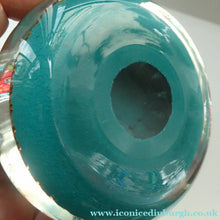 Load image into Gallery viewer, LARGE Vintage Scottish PERTHSHIRE Paperweight. Aqua Green Ground, 15 Spokes &amp; Millefiori Canes. P Cane in Center
