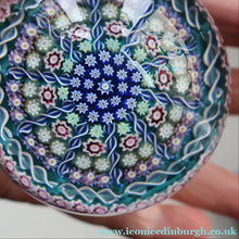 Load image into Gallery viewer, Vintage Scottish PERTHSHIRE Paperweight. Aqua Ground, 10 Short Spokes &amp; Millefiori Canes. ORIGINAL BOX
