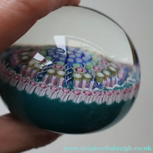 Load image into Gallery viewer, Vintage Scottish PERTHSHIRE Paperweight. Aqua Ground, 10 Short Spokes &amp; Millefiori Canes. ORIGINAL BOX
