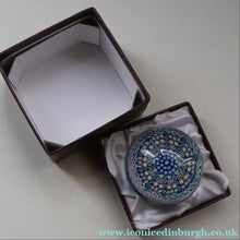 Load image into Gallery viewer, Vintage Scottish PERTHSHIRE Paperweight. Aqua Ground 10 Short Spokes &amp; Millefiori Canes. ORIGINAL BOX - Paperweight
