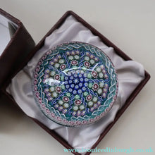 Load image into Gallery viewer, Vintage Scottish PERTHSHIRE Paperweight. Aqua Ground, 10 Short Spokes &amp; Millefiori Canes. ORIGINAL BOX
